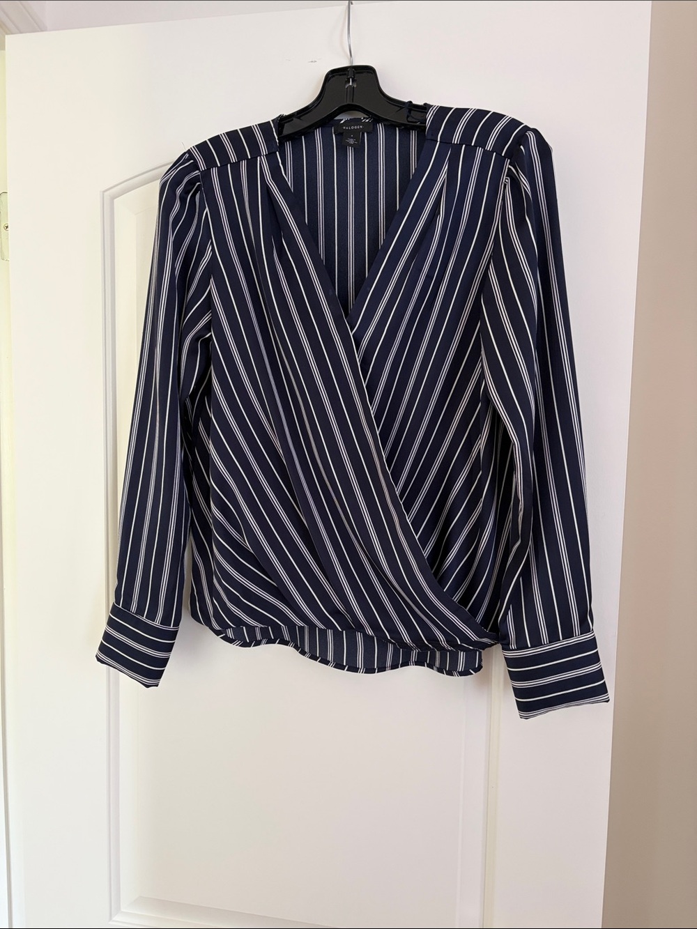 Halogen Navy and White Striped Wrap Blouse